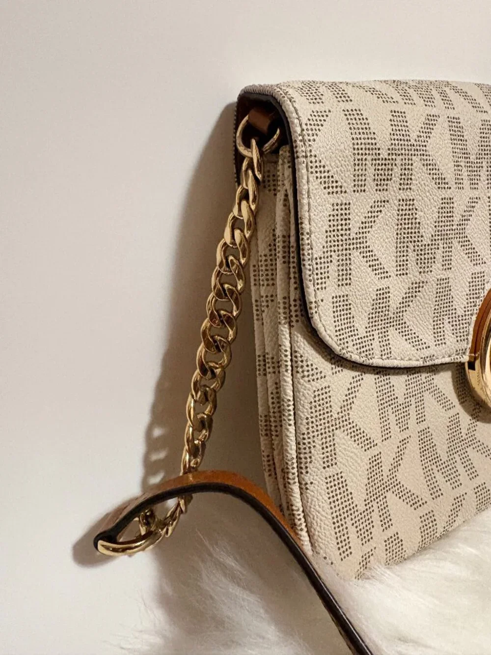 Michael Kors Fulton Large Logo Flap Crossbody Vanilla MK Signature Chain Bag